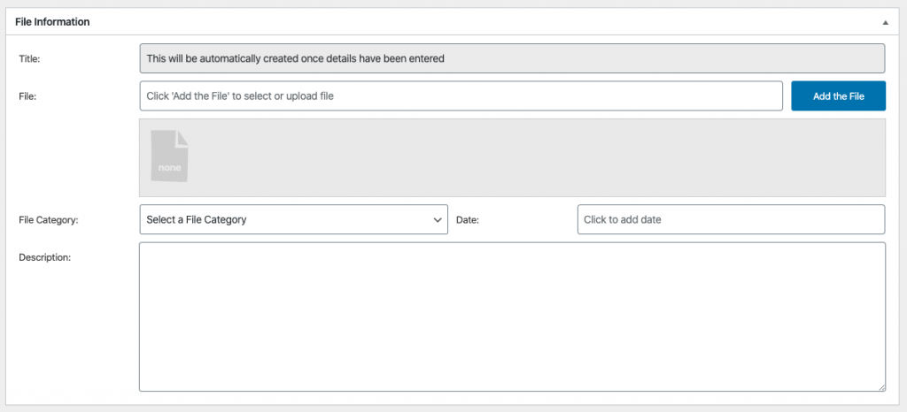 Screenshot of a meta box containing custom fields including a file upload field. 